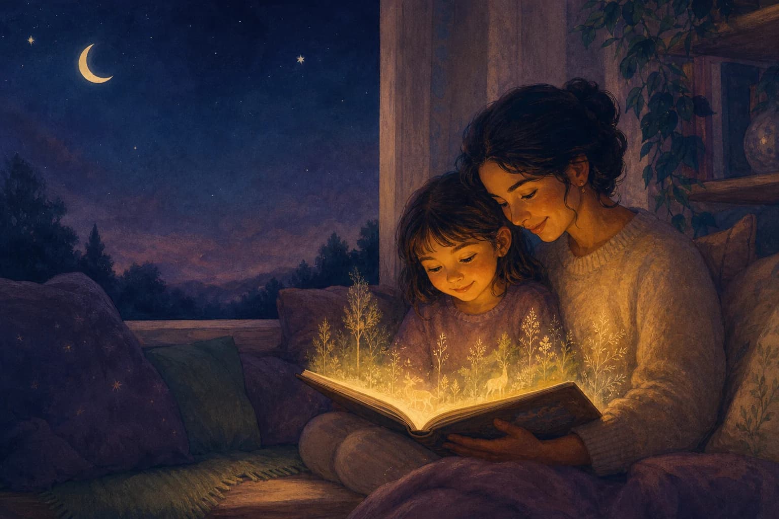 A parent and child reading a glowing storybook together at twilight.